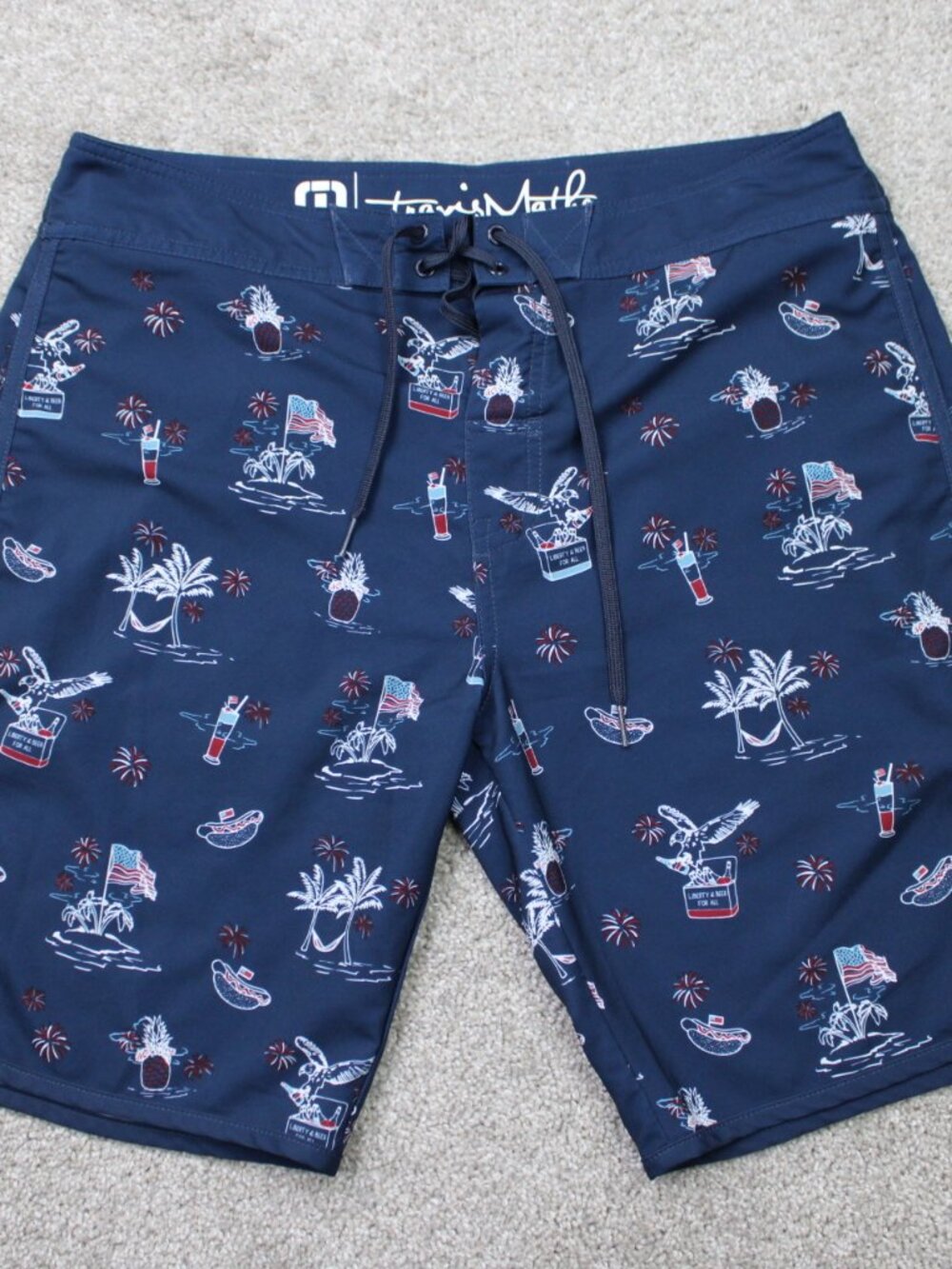 Travis Mathew Hybrid Shorts Mens 33 Blue AOP 10" Swim Trunks Beach Print